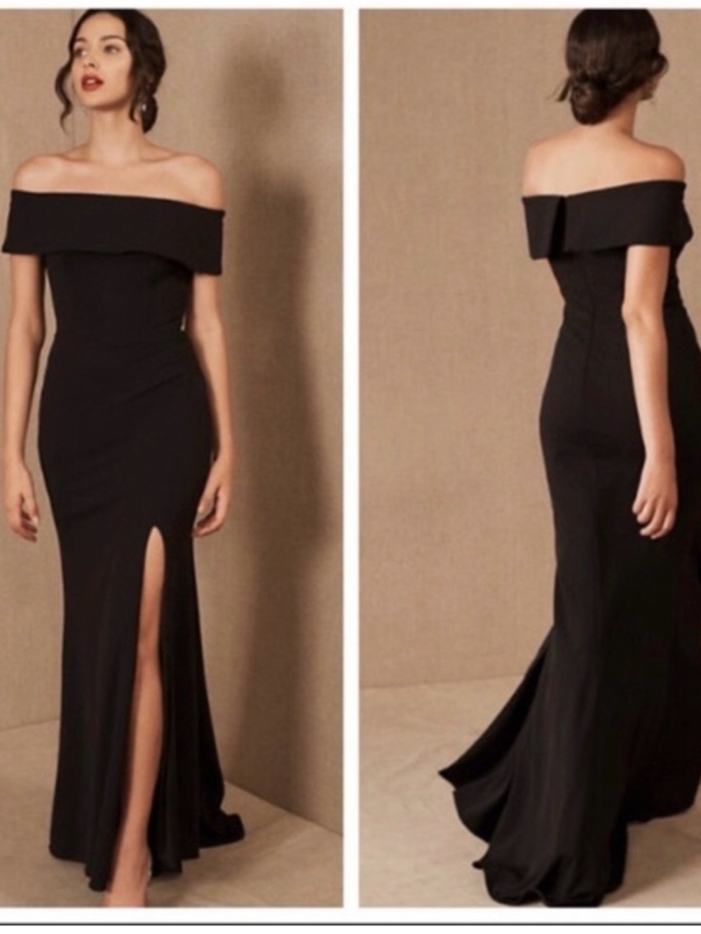 Never Worn BHLDN Black Off-the-Shoulder Maxi Gown with Front Slit